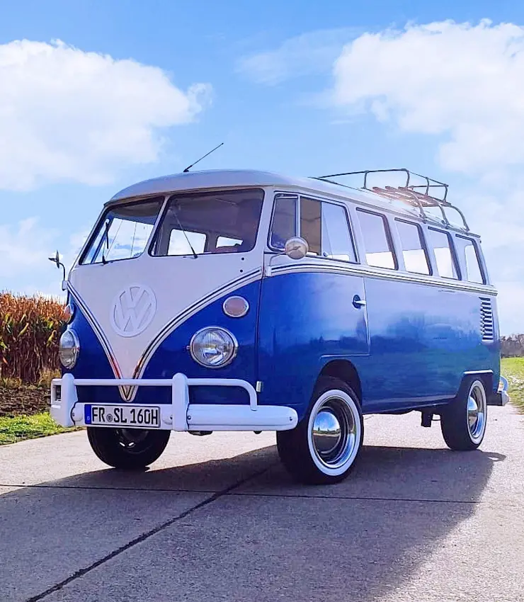 a historical, blue VW T1 Bulli
